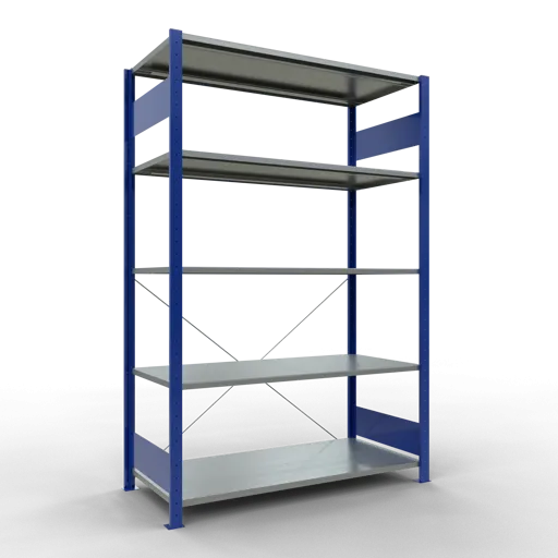 Schulte Fachbodenregal MULTIplus150 Stecksystem | Grundregal | HxBxT 200x130x60cm | 5 Ebenen | Fachlast 150kg | Enzianblau/Verzinkt