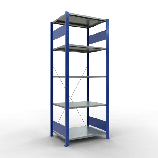 Schulte Fachbodenregal MULTIplus150 Stecksystem | Grundregal | HxBxT 200x75x60cm | 5 Ebenen | Fachlast 150kg | Enzianblau/Verzinkt