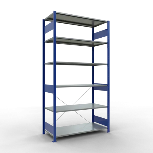 Schulte Fachbodenregal MULTIplus150 Stecksystem | Grundregal | HxBxT 250x130x60cm | 6 Ebenen | Fachlast 150kg | Enzianblau/Verzinkt