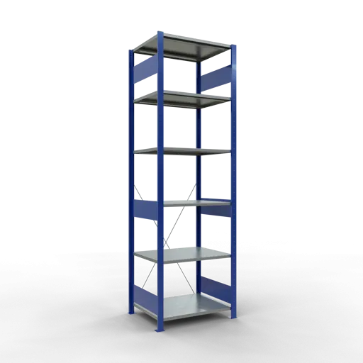 Schulte Fachbodenregal MULTIplus150 Stecksystem | Grundregal | HxBxT 250x75x60cm | 6 Ebenen | Fachlast 150kg | Enzianblau/Verzinkt