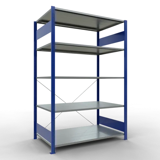 Schulte Fachbodenregal MULTIplus150 Stecksystem | Grundregal | HxBxT 200x130x80cm | 5 Ebenen | Fachlast 150kg | Enzianblau/Verzinkt