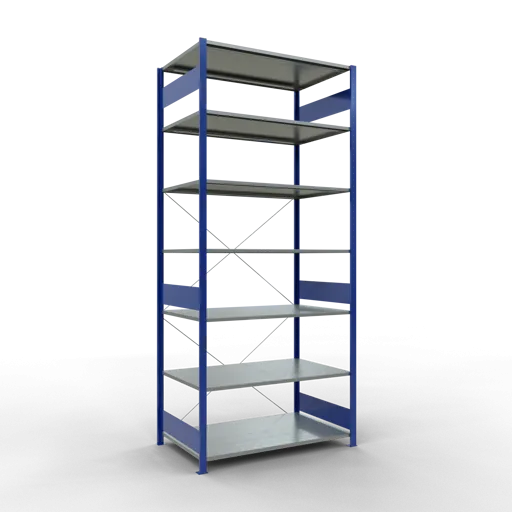 Schulte Fachbodenregal MULTIplus150 Stecksystem | Grundregal | HxBxT 300x130x80cm | 7 Ebenen | Fachlast 150kg | Enzianblau/Verzinkt