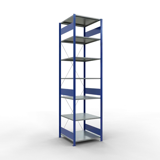 Schulte Fachbodenregal MULTIplus150 Stecksystem | Grundregal | HxBxT 300x75x80cm | 7 Ebenen | Fachlast 150kg | Enzianblau/Verzinkt