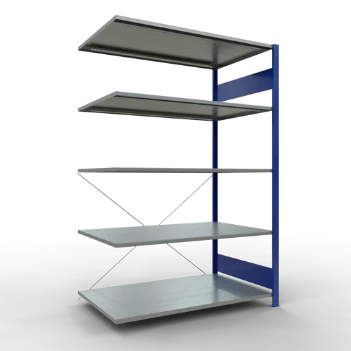 Schulte Fachbodenregal MULTIplus150 Stecksystem | Anbauregal | HxBxT 200x130x80cm | 5 Ebenen | Fachlast 150kg | Enzianblau/Verzinkt