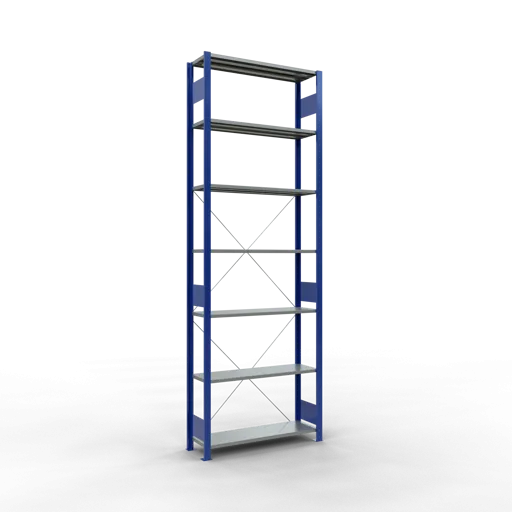 Schulte Fachbodenregal MULTIplus85 Stecksystem | Grundregal | HxBxT 300x100x30cm | 7 Ebenen | Fachlast 85kg | Enzianblau/Verzinkt