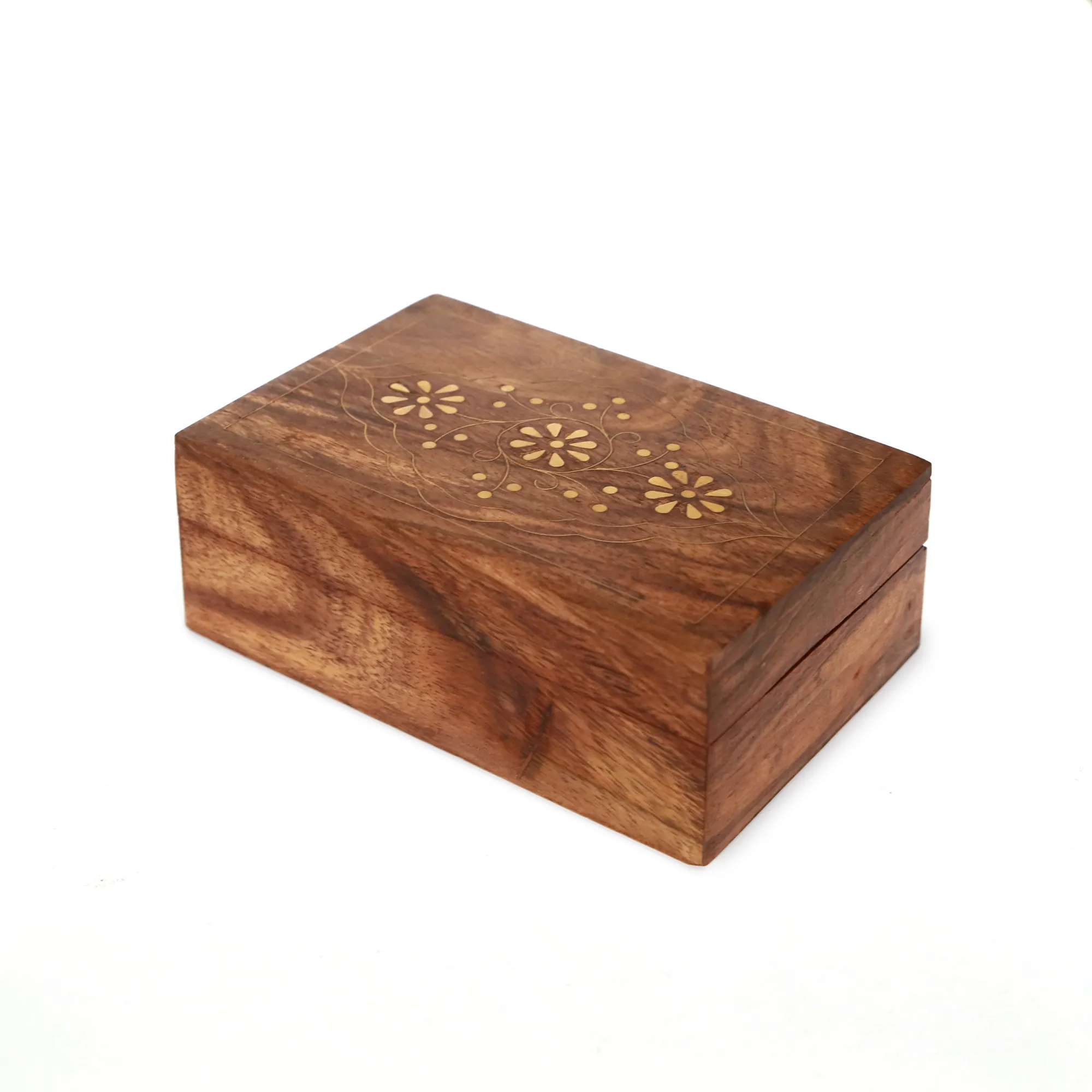 Holzbox mit Messingintarsien, Sheesham-Holz, B 15 cm, H 5 cm, L 10 cm