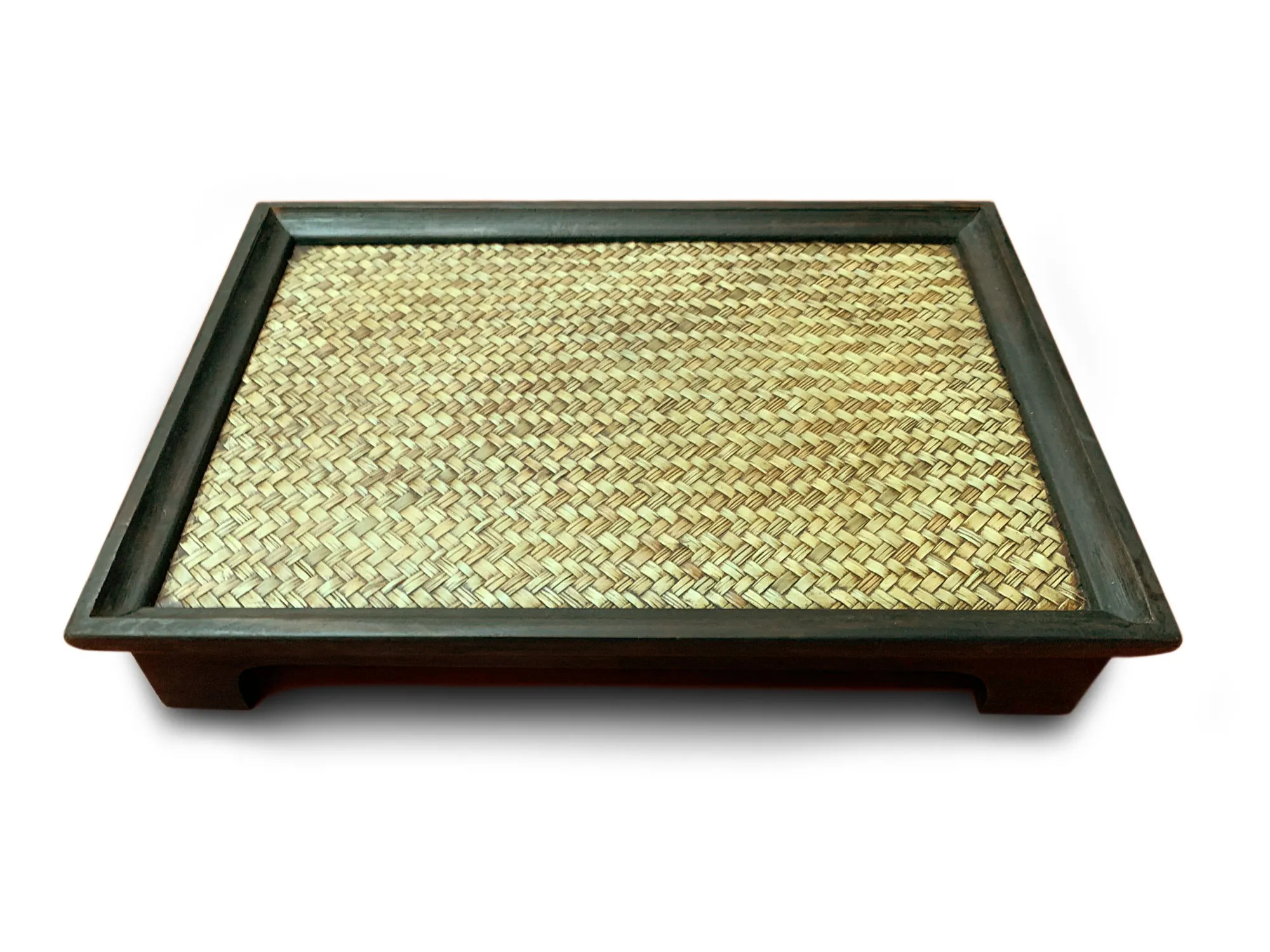 Tablett aus Mangoholz und Schilfgeflecht, B 41 cm, L 30 cm, H 7 cm