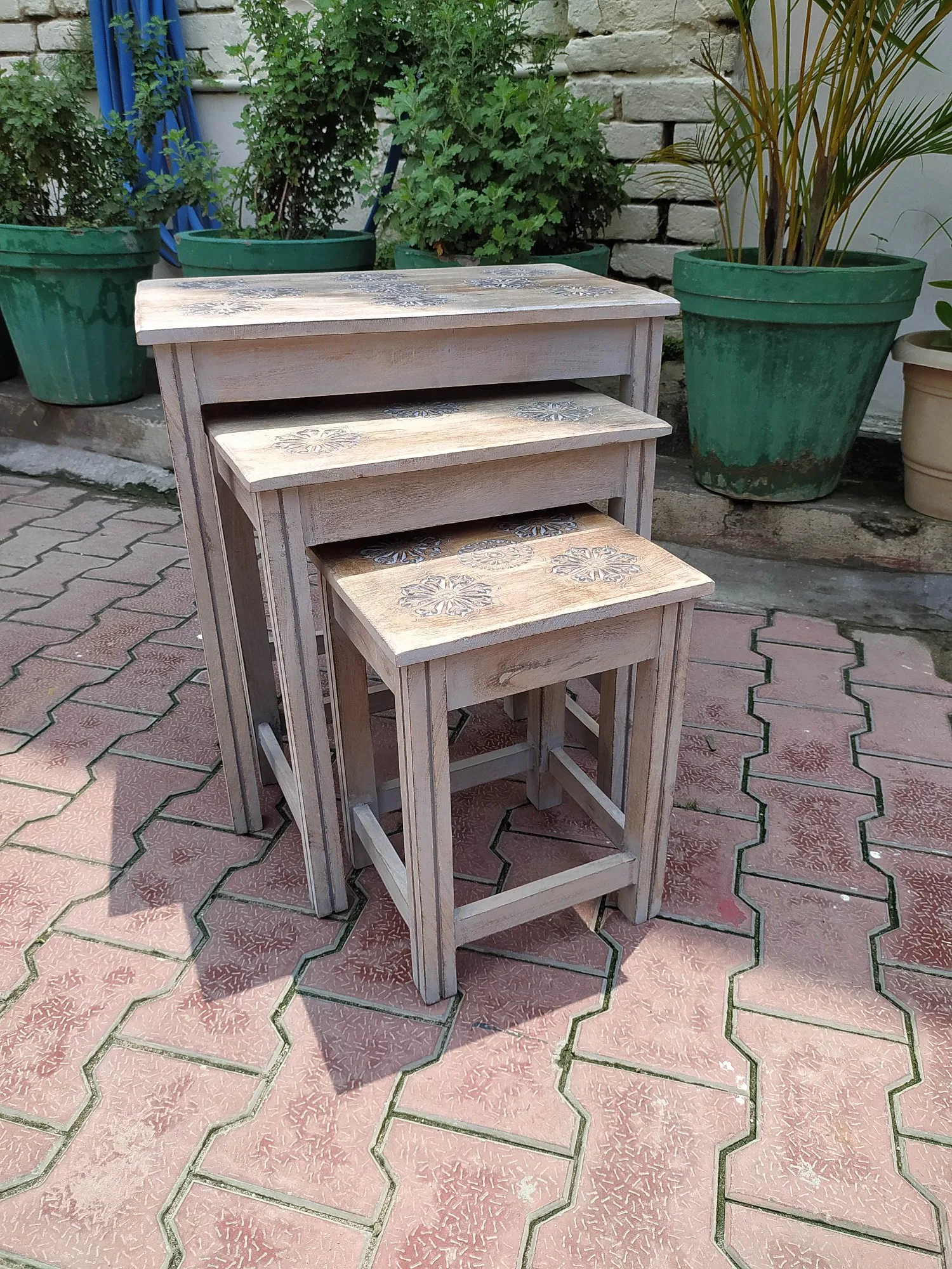 3er-Set Beistelltische 'Mandala', natur