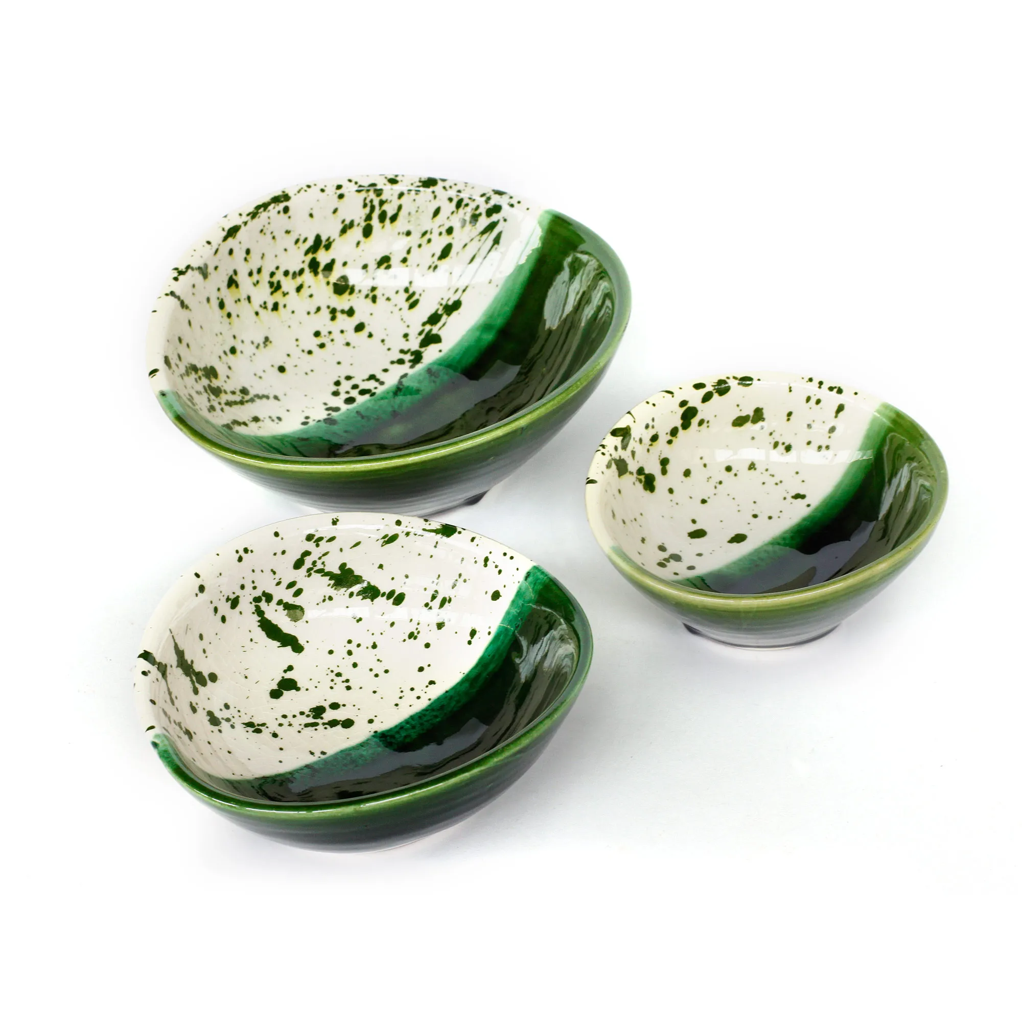 3er-Set Keramik-Zierschalen grün-weiß