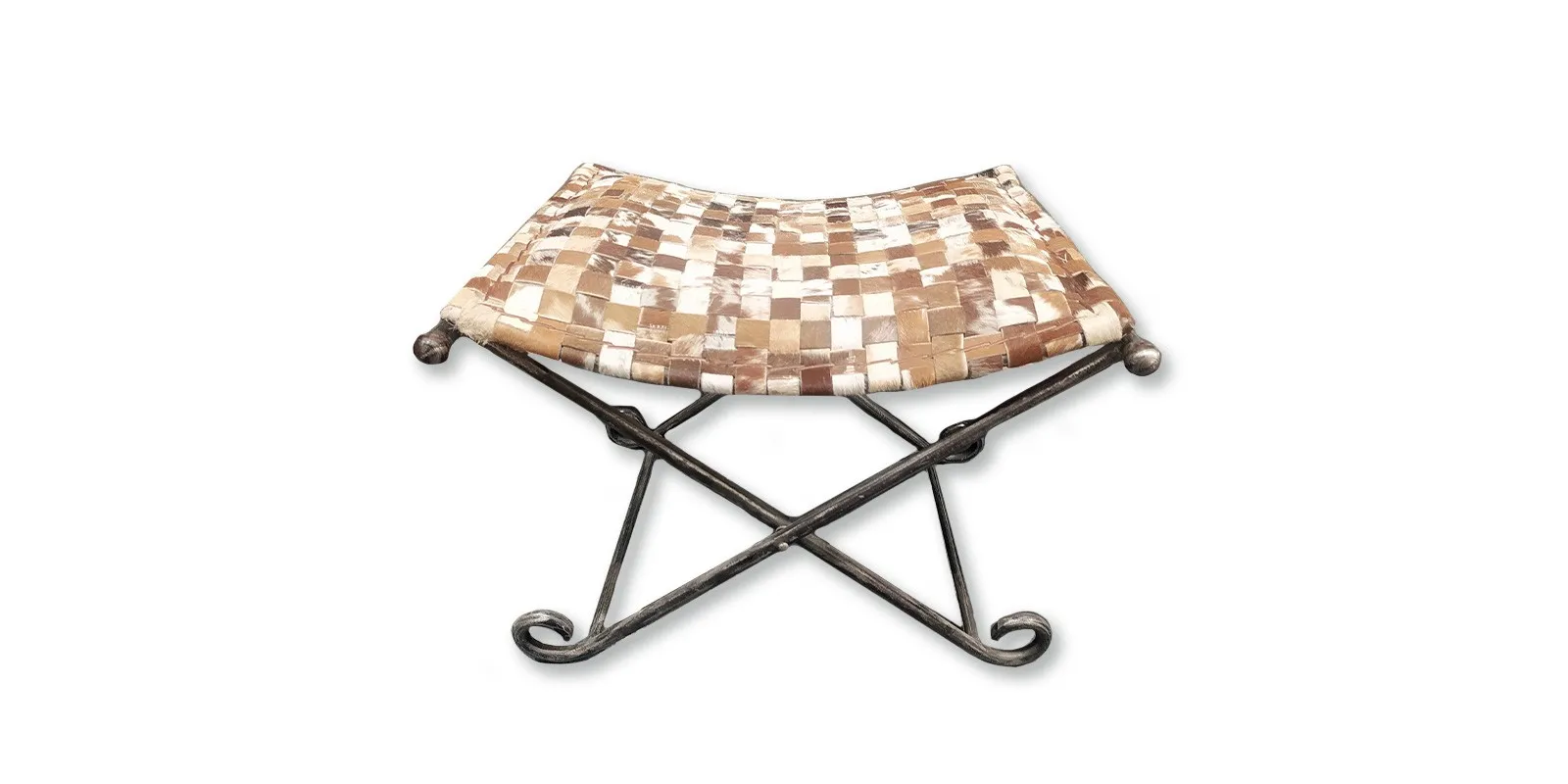 Scherenhocker mit Kuhfellpolster, B 53 cm, H 44 cm, L 45 cm