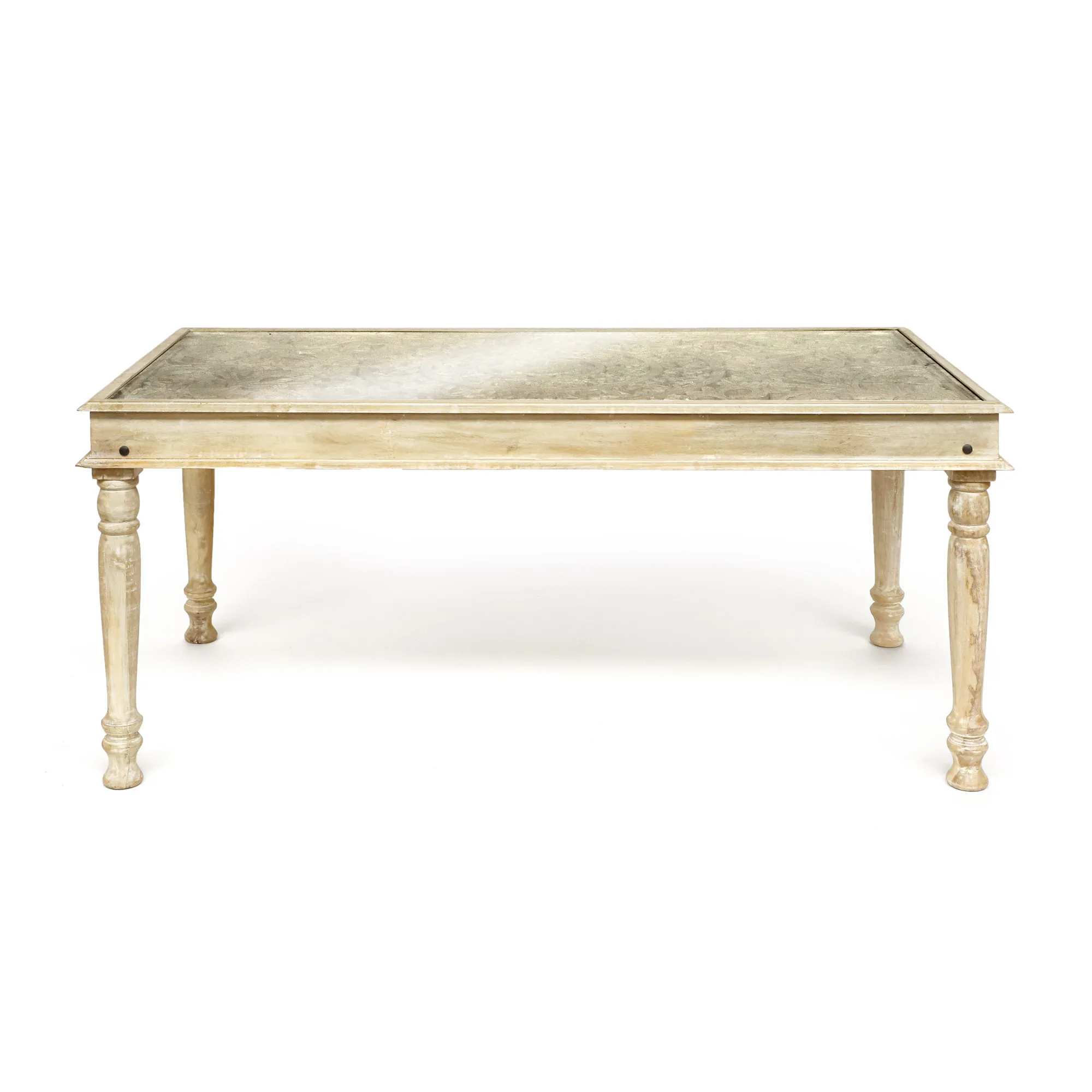 Esstisch 'Udaipur' mit Schnitzereien, unter Glasplatte, B 185 cm, L 95 cm, H 78 cm