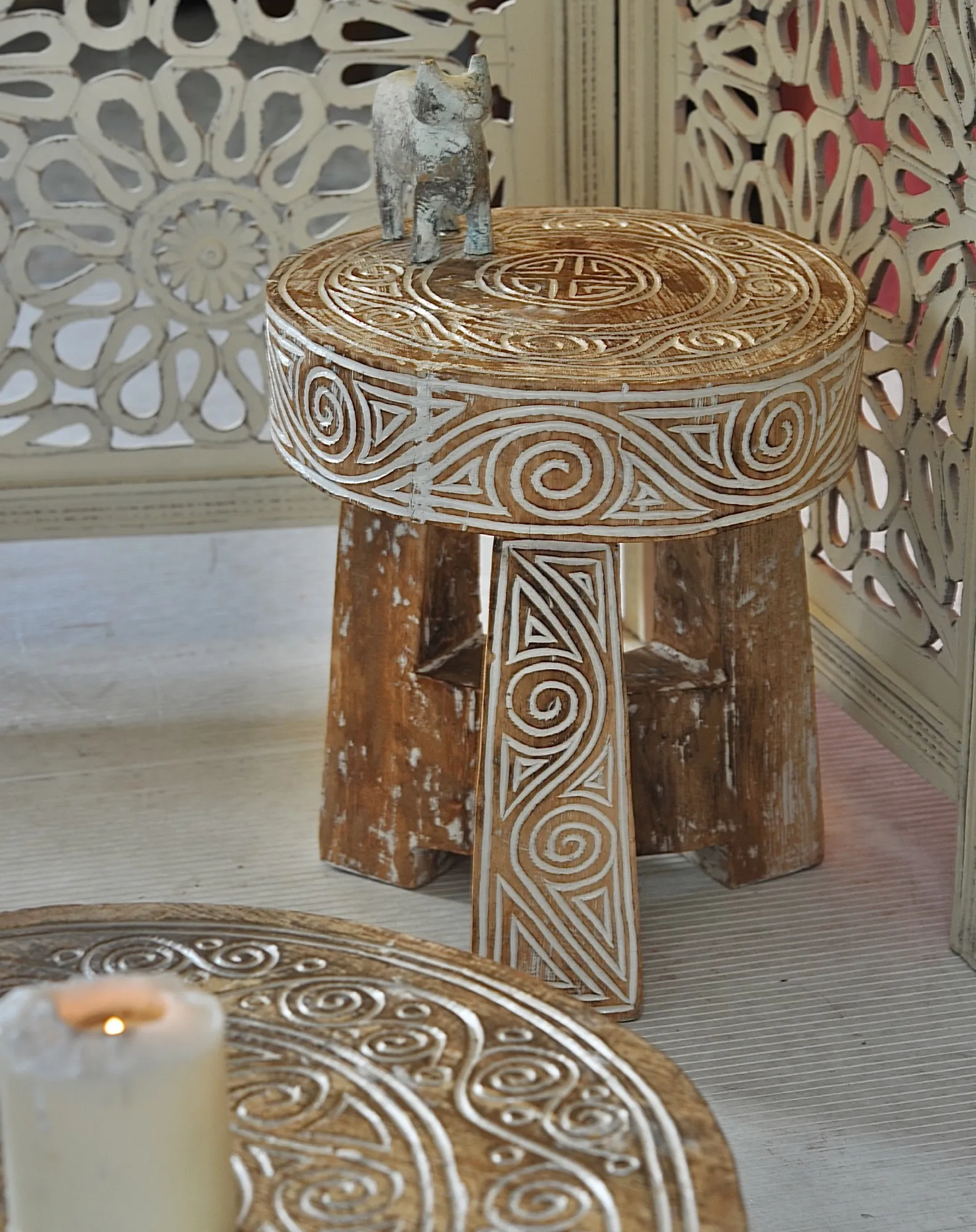 Hocker 'Toraja', natur, weiß, H 34 cm, Ø 28 cm