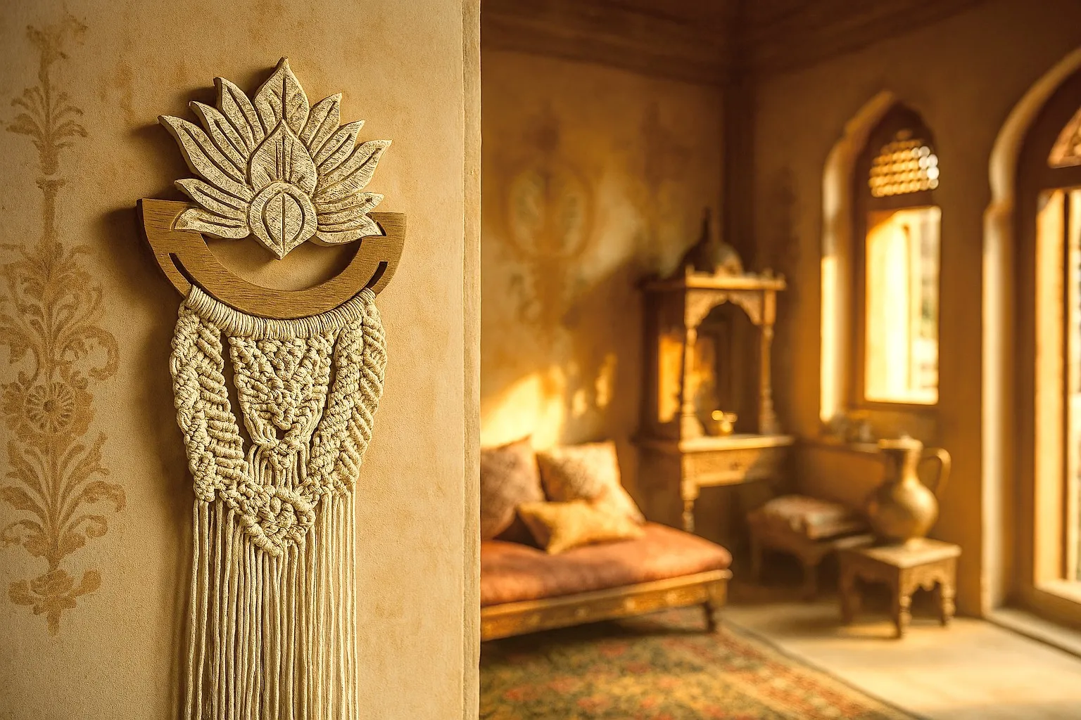 Wandschmuck 'Lotus' mit Makramee, H 100 cm, B 29 cm, L 1,6 cm