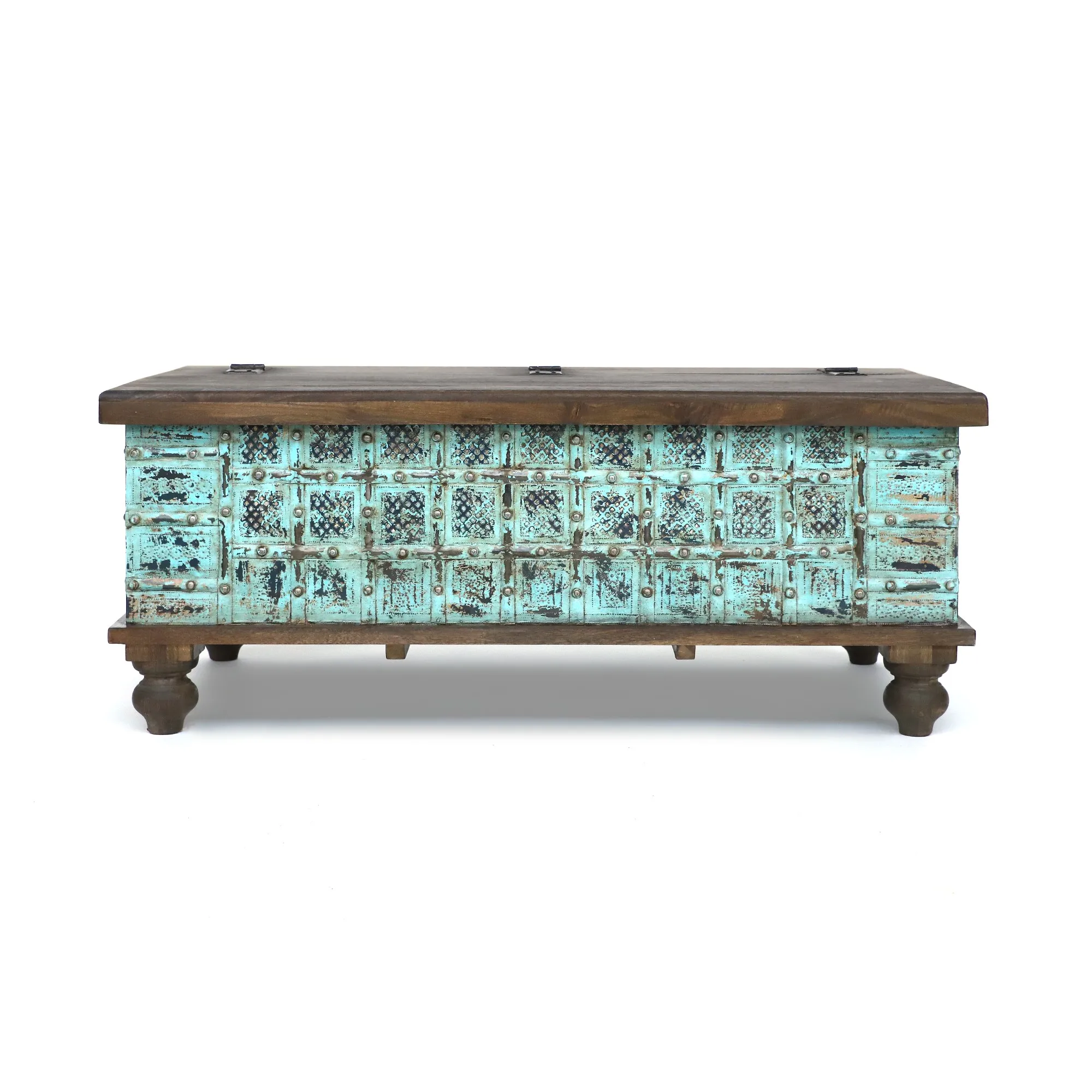 Truhe 'Asira', türkis, braun, B 116 cm, L 60 cm, H 47 cm