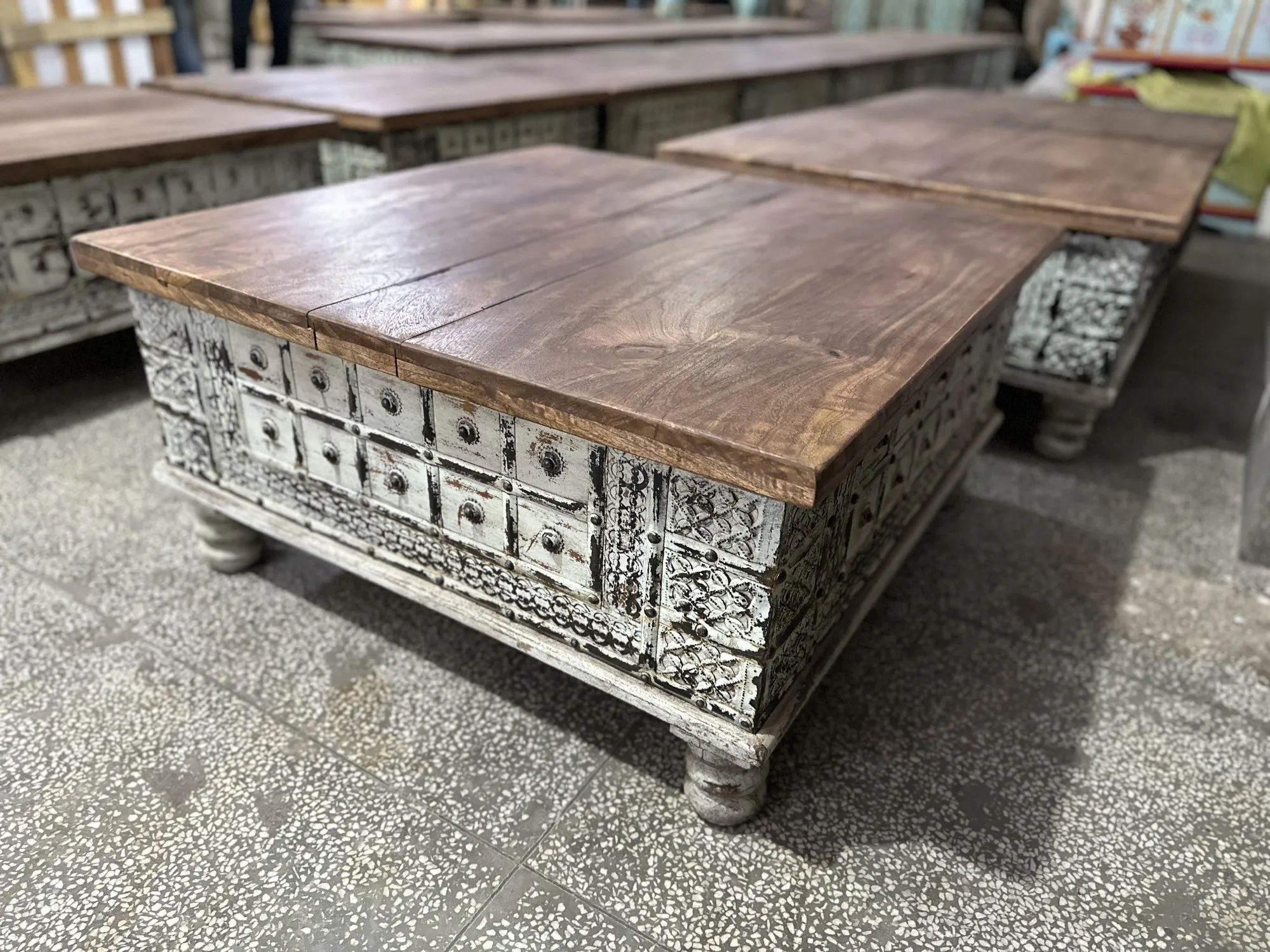 Couchtischtruhe aufklappbar, natur/grün, B 90 cm, L 90 cm, H 45 cm