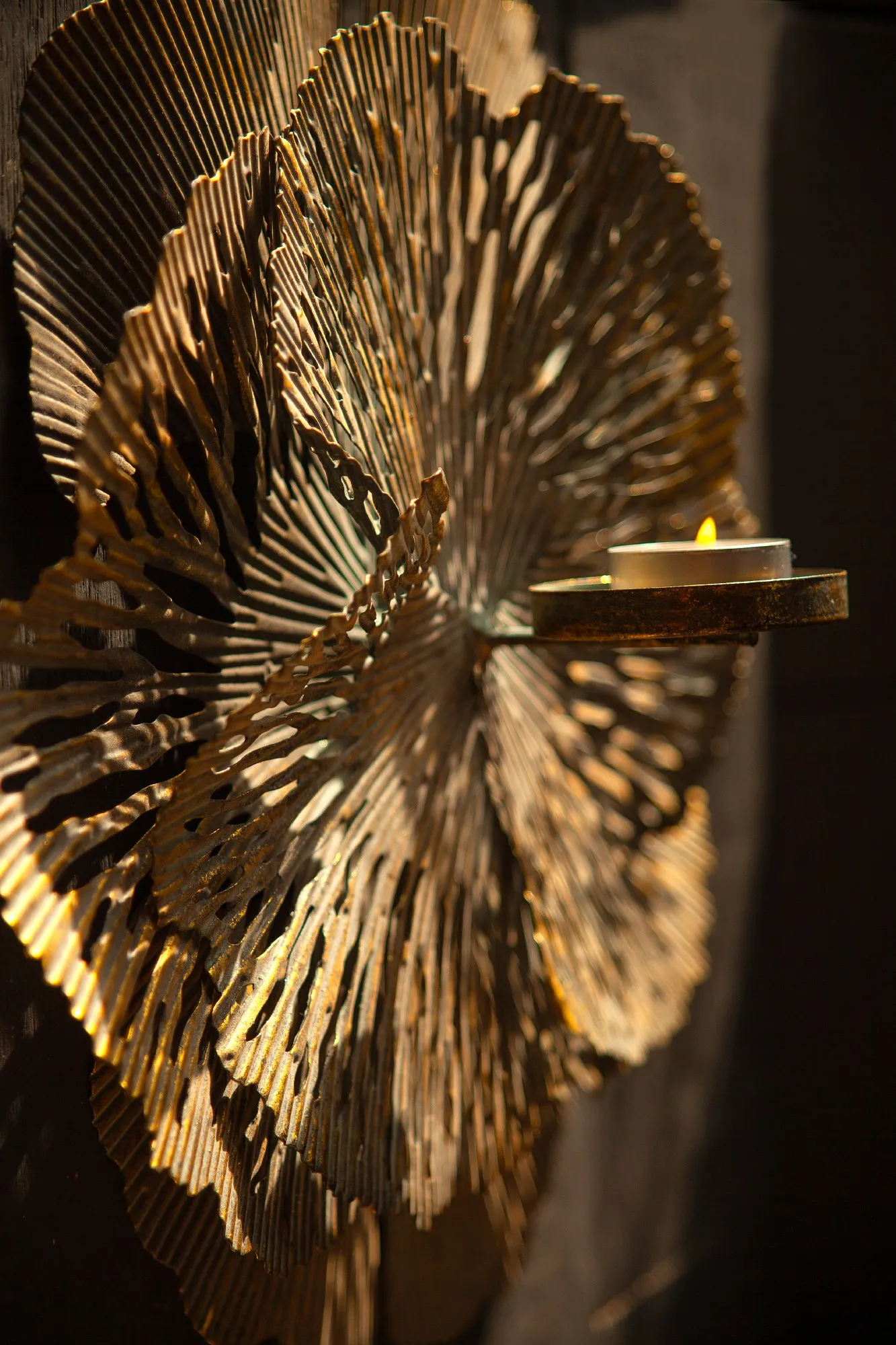 Wand-Teelichthalter 'Gingkoblätter', antik gold, H 34,5 cm, B 34 cm, L 11 cm