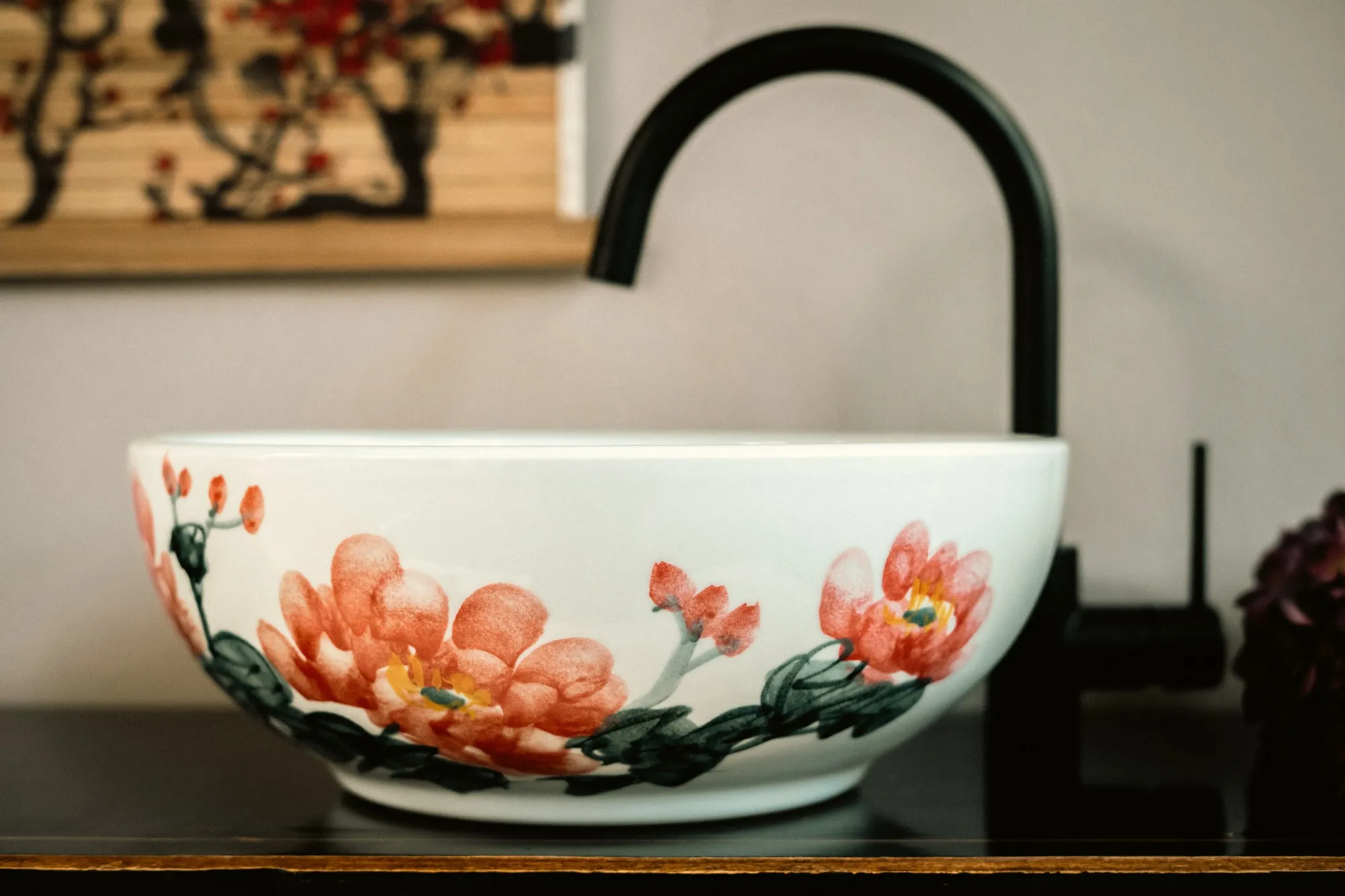 Keramikwaschbecken 'Flower', weiß, rot, 41 cm H 15 cm