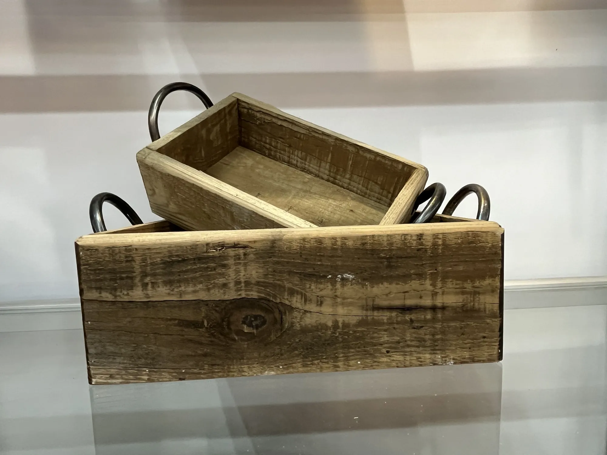 2er-Set Kasten mit Henkel, natur, recyceltes Kiefernholz