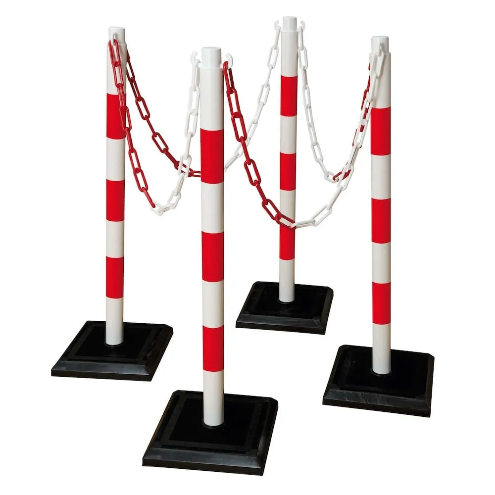 SuperSparSet 4x Ketten-Warnständer mit viereckigem Kunststofffuß | Betongefüllt | HxØ 90x5cm | Kunststoff | inkl. 12,5m Kette | Rot-Weiß