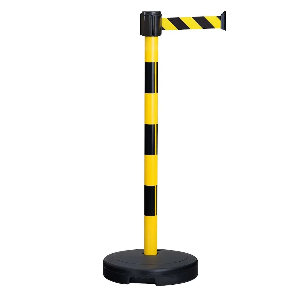 Gurt-Warnständer mit integriertem Gurtband inkl. befüllbaren Kunststofffuß | HxØ 95x5cm | Gurtbandlänge 3m | Kunststoff | Schwarz-Gelb, Gurt Schwarz-Gelb