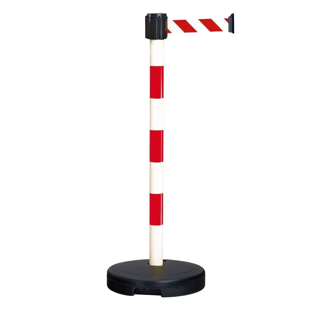 Gurt-Warnständer mit integriertem Gurtband inkl. befüllbaren Kunststofffuß | HxØ 95x5cm | Gurtbandlänge 3m | Kunststoff | Rot-Weiß, Gurt Rot-Weiß