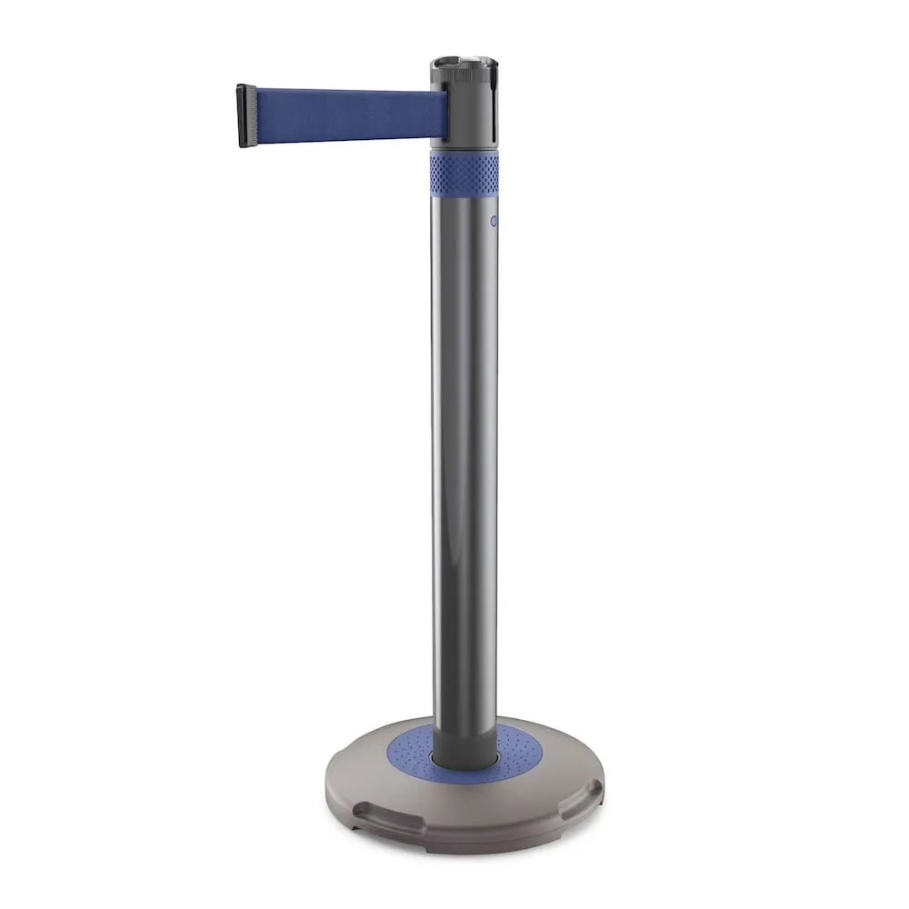 Gurtständer mit schwerem Standfuß für Innen-& Außenbereich | HxØ 90x8cm | Gurtlänge 300cm | UV-beständig, kratzfest | Anthrazit, Gurt Blau