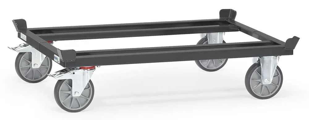 Paletten-Fahrgestell mit Fangecken, TPE-Bereifung und Ladefläche von 121 x 81 cm in Anthrazitgrau