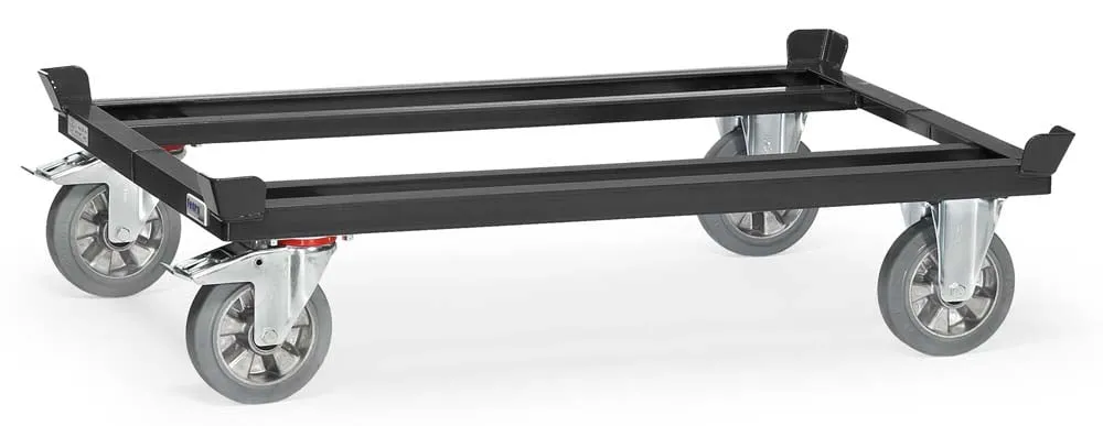 Paletten-Fahrgestell mit Fangecken, Elastic-Vollgummi-Bereifung und Ladefläche von 121 x 81 cm in Anthrazitgrau