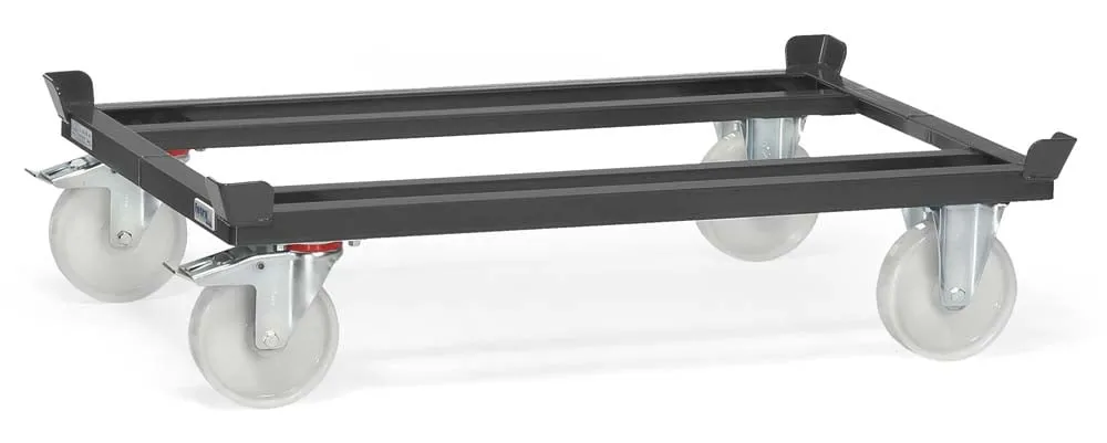 Paletten-Fahrgestell mit Fangecken, Polyamid-Bereifung und Ladefläche von 121 x 81 cm in Anthrazitgrau