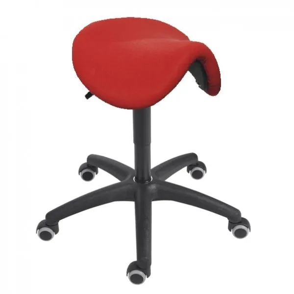 Sattelhocker Lexington mit Sitzneige | Sitzhöhe 49-68cm | Ø 63cm | Tragfähigkeit 110kg | Kunstleder-Sitz | Kunststoff-Fußkreuz mit Rollen | Feuerrot