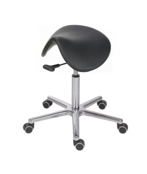 Sattelhocker Lexington mit multibeweglicher Sitzmechanik | Sitzhöhe 50-65cm | Ø 61cm | Tragfähigkeit 110kg | Kunstleder-Sitz | Aluminium-Fußkreuz mit Rollen | Schwarz