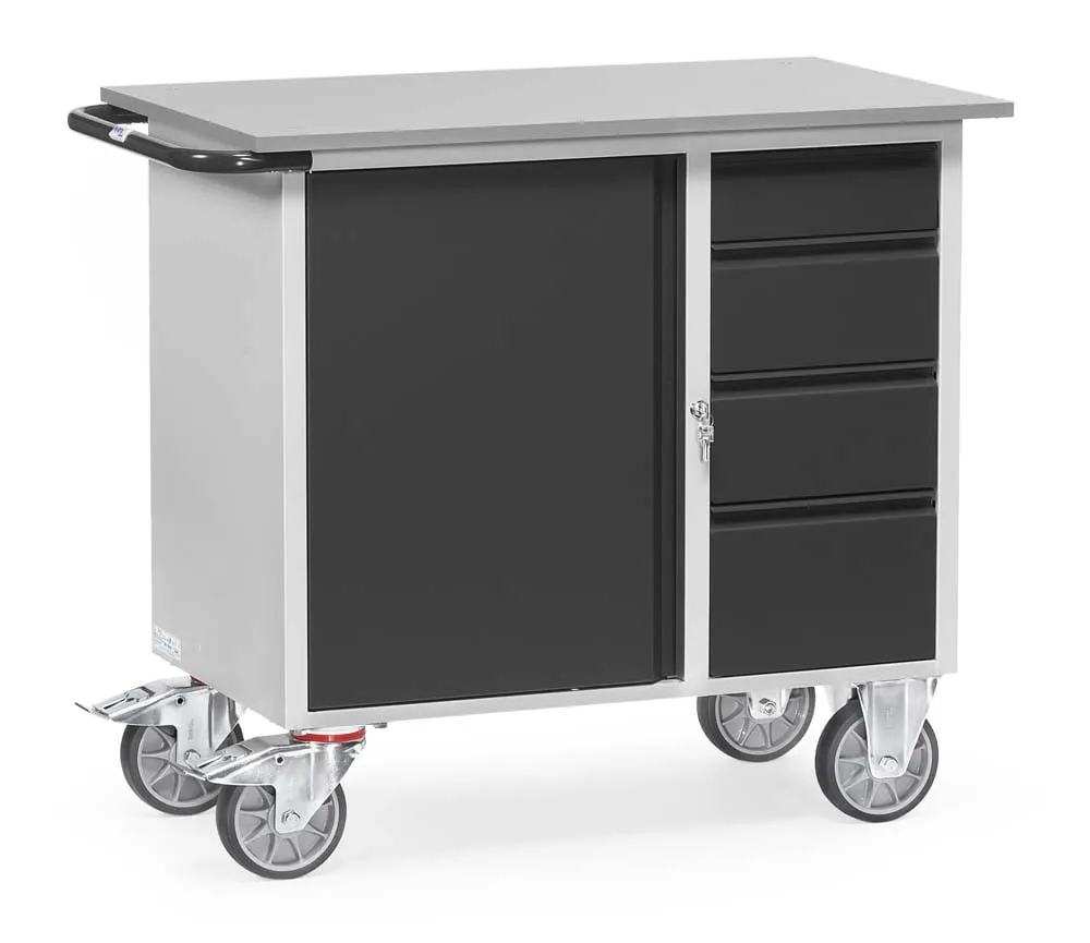Werkstattwagen mit 1 Schrank, 4 Schubladen und Zentralschloss ohne Abrollrand
