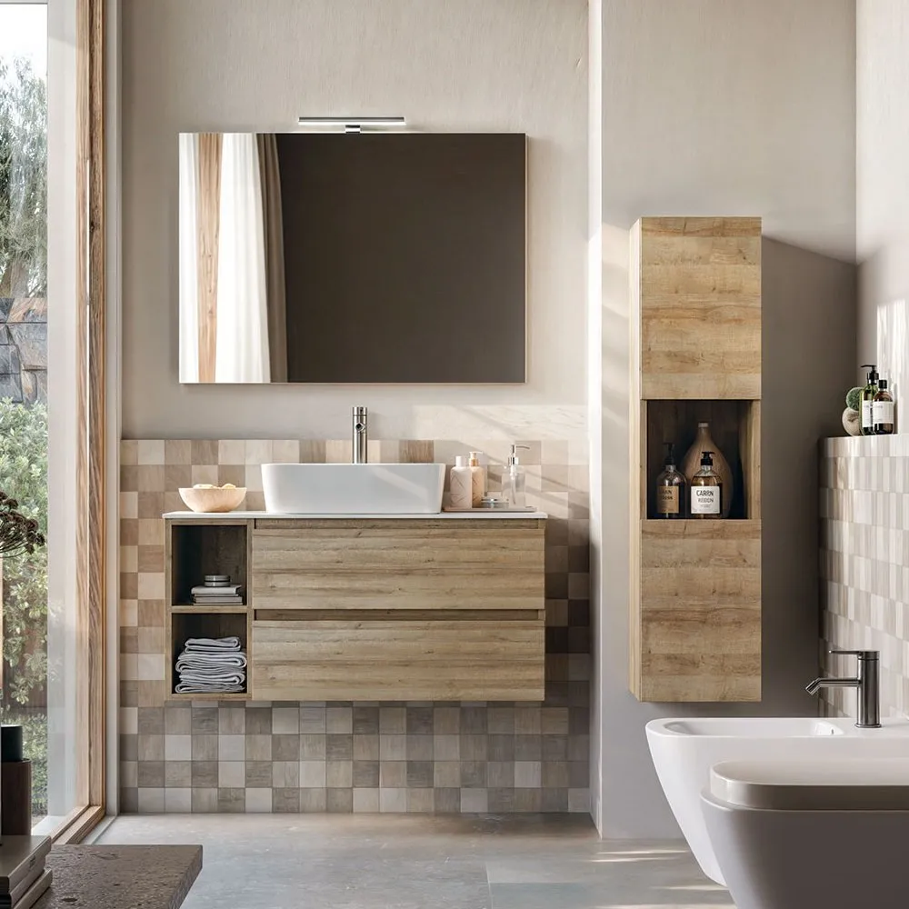 WANDSCHRANK 2 SCHUBLADEN MIT WASCHBECKEN, SPIEGEL UND SÄULE - BIK7