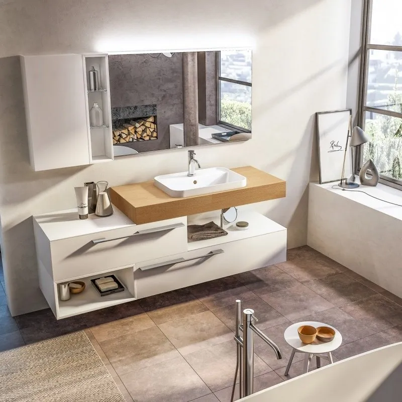 MENSOLONI WANDUNTERSCHRANK MIT 2 SCHUBLADEN, SPIEGEL UND WASCHBECKEN