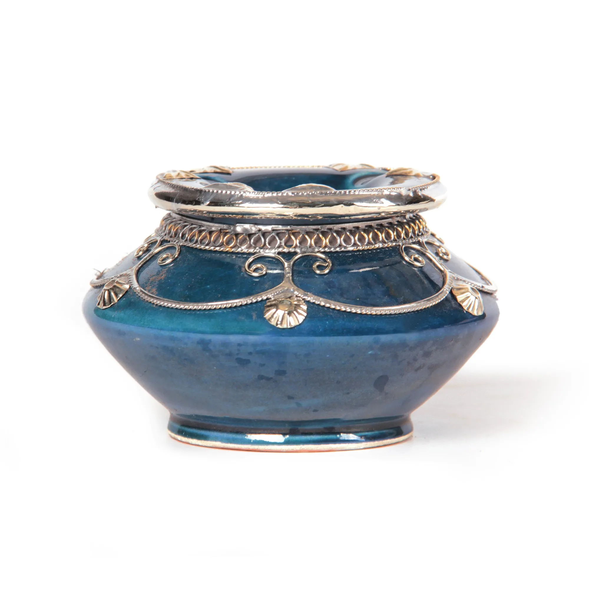 Aschenbecher mit Metallverzierung, blau, silber, Ø 14 cm, H 6 cm