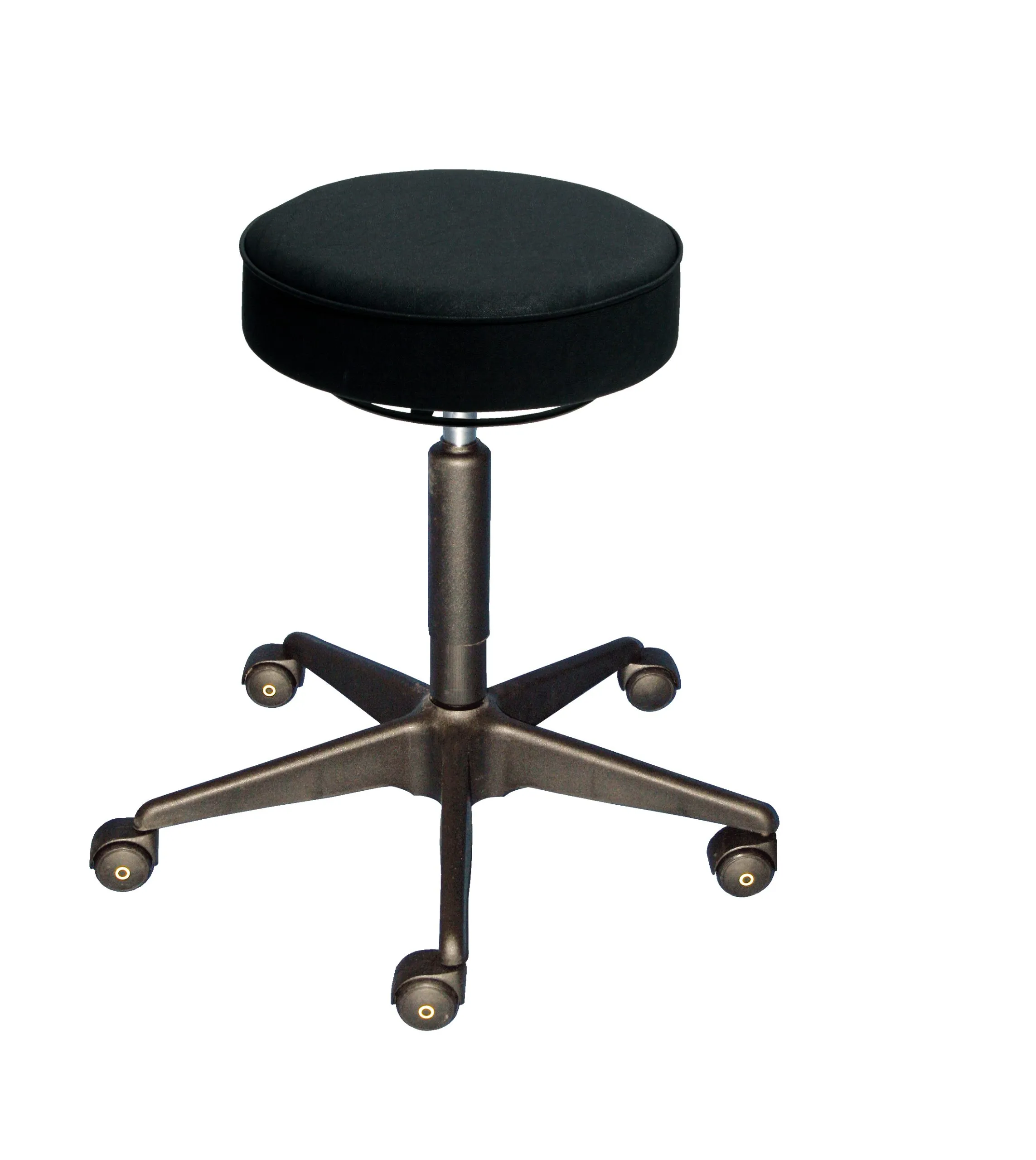 Antistatische Drehhocker Atlanta mit ESD-Sitz | Sitzhöhe 49-63cm | Tragfähigkeit 110kg | Kunstleder-Sitz | Stahl-Fußkreuz mit Kunststoffabdeckung & Rollen | Schwarz