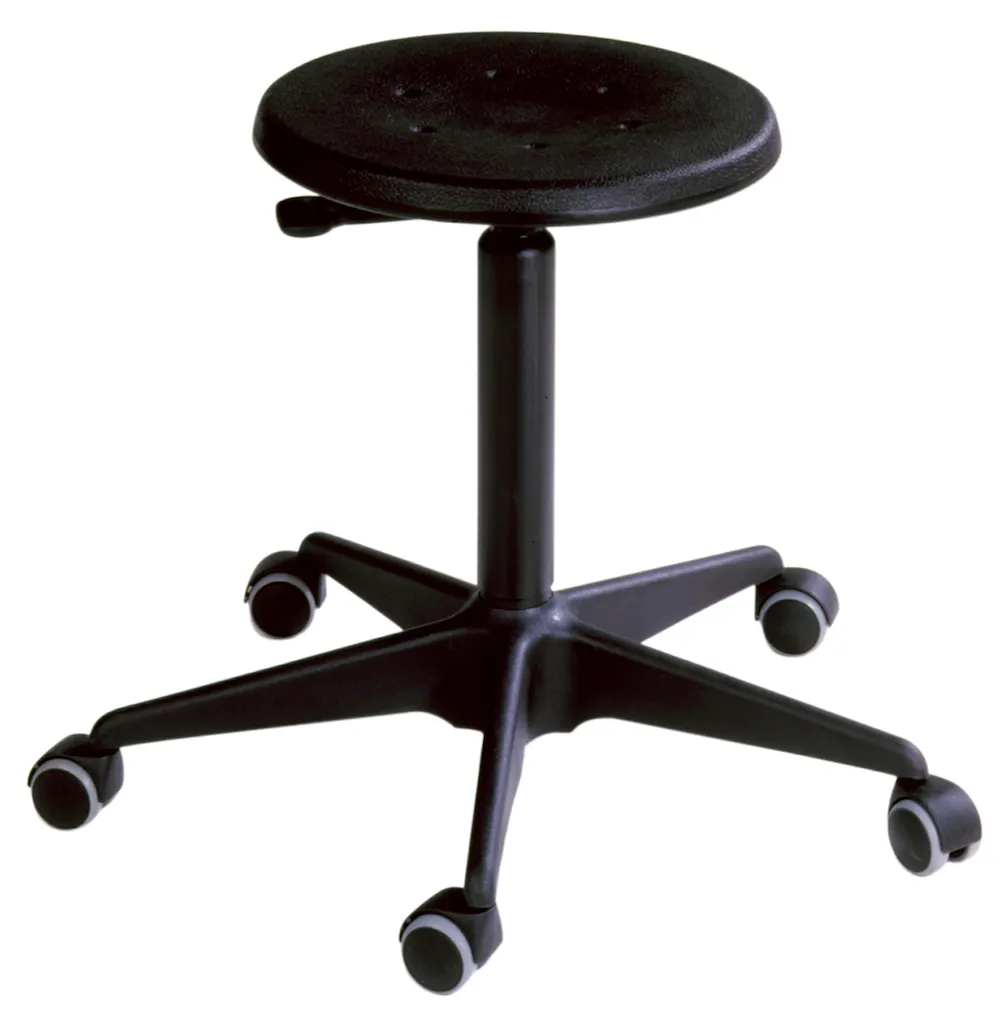 Antistatische Drehhocker Atlanta mit ESD-Sitz | Sitzhöhe 41-55cm | Tragfähigkeit 110kg | Polyurethane-Sitz | Stahl-Fußkreuz mit Kunststoffabdeckung & Rollen | Schwarz