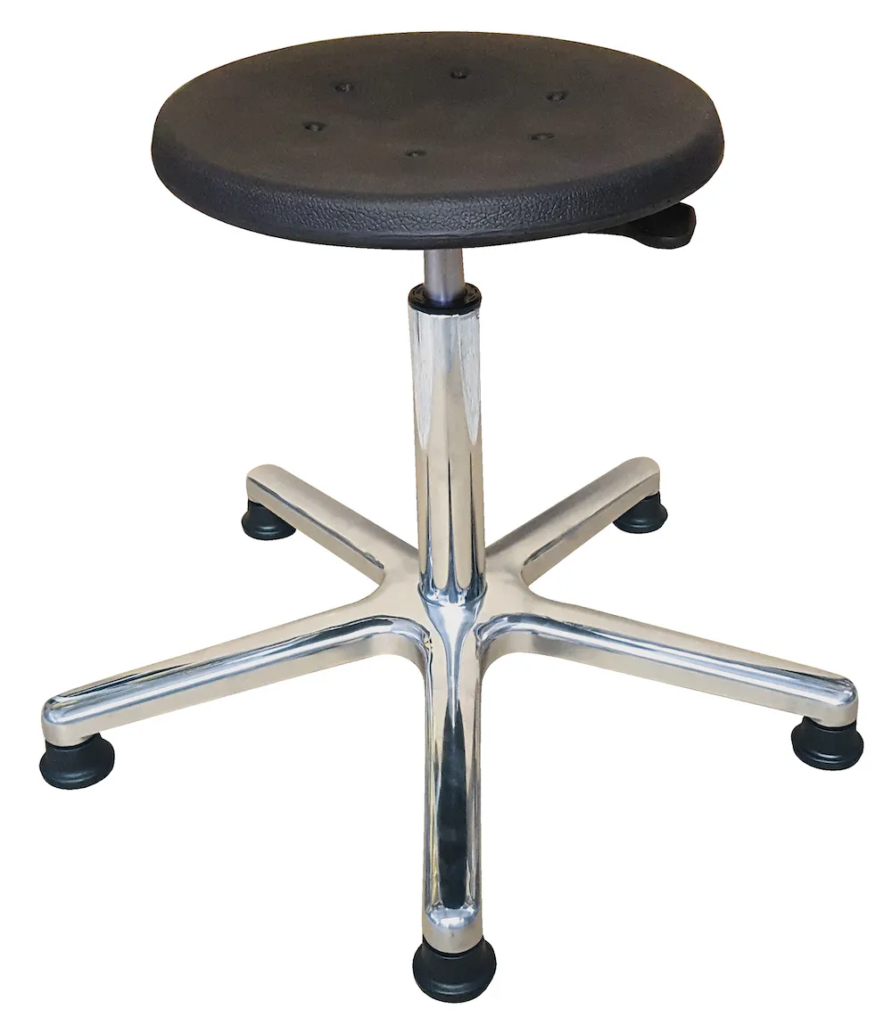 Antistatischer Drehhocker Indianapolis mit ESD-Sitz | Sitzhöhe 44-62cm | Ø 61cm | Tragfähigkeit 110kg | Polyurethane-Sitz | Aluminium-Fußkreuz mit Gleiter | Schwarz