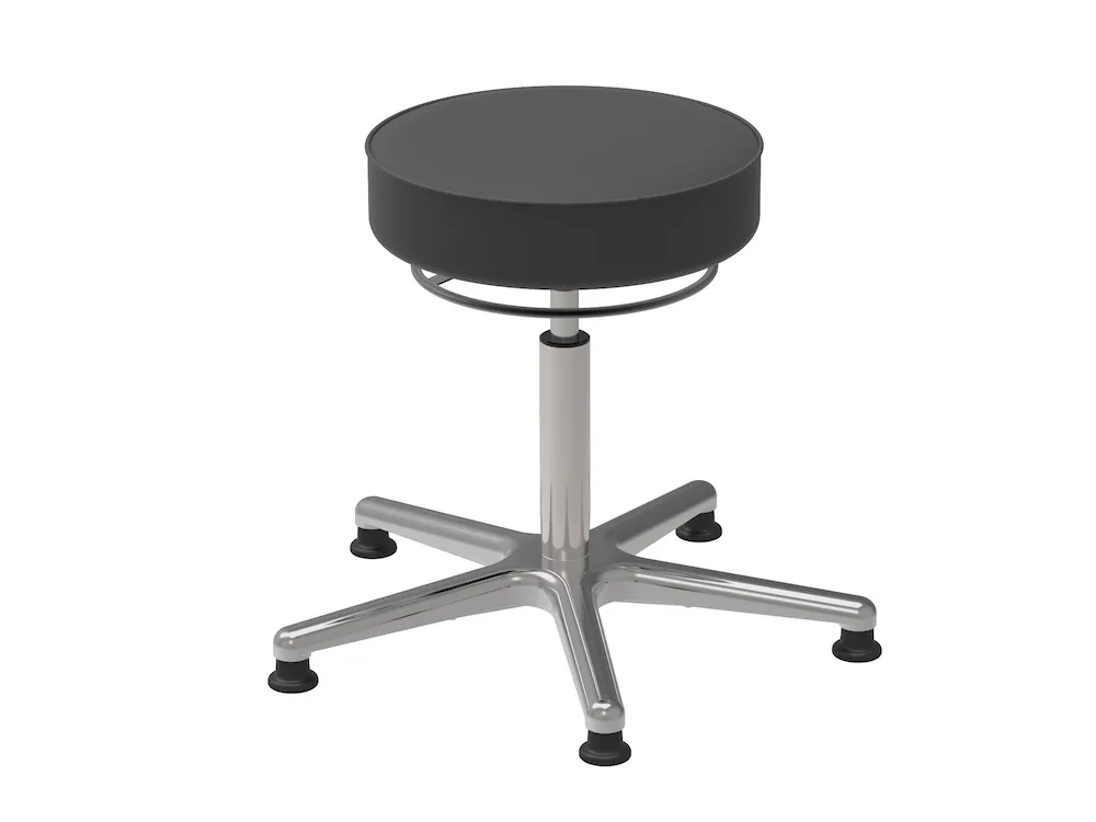 Antistatischer Drehhocker Indianapolis mit ESD-Sitz | Sitzhöhe 52-70cm | Ø 61cm | Tragfähigkeit 110kg | Kunstleder-Sitz | Aluminium-Fußkreuz mit Gleiter | Schwarz