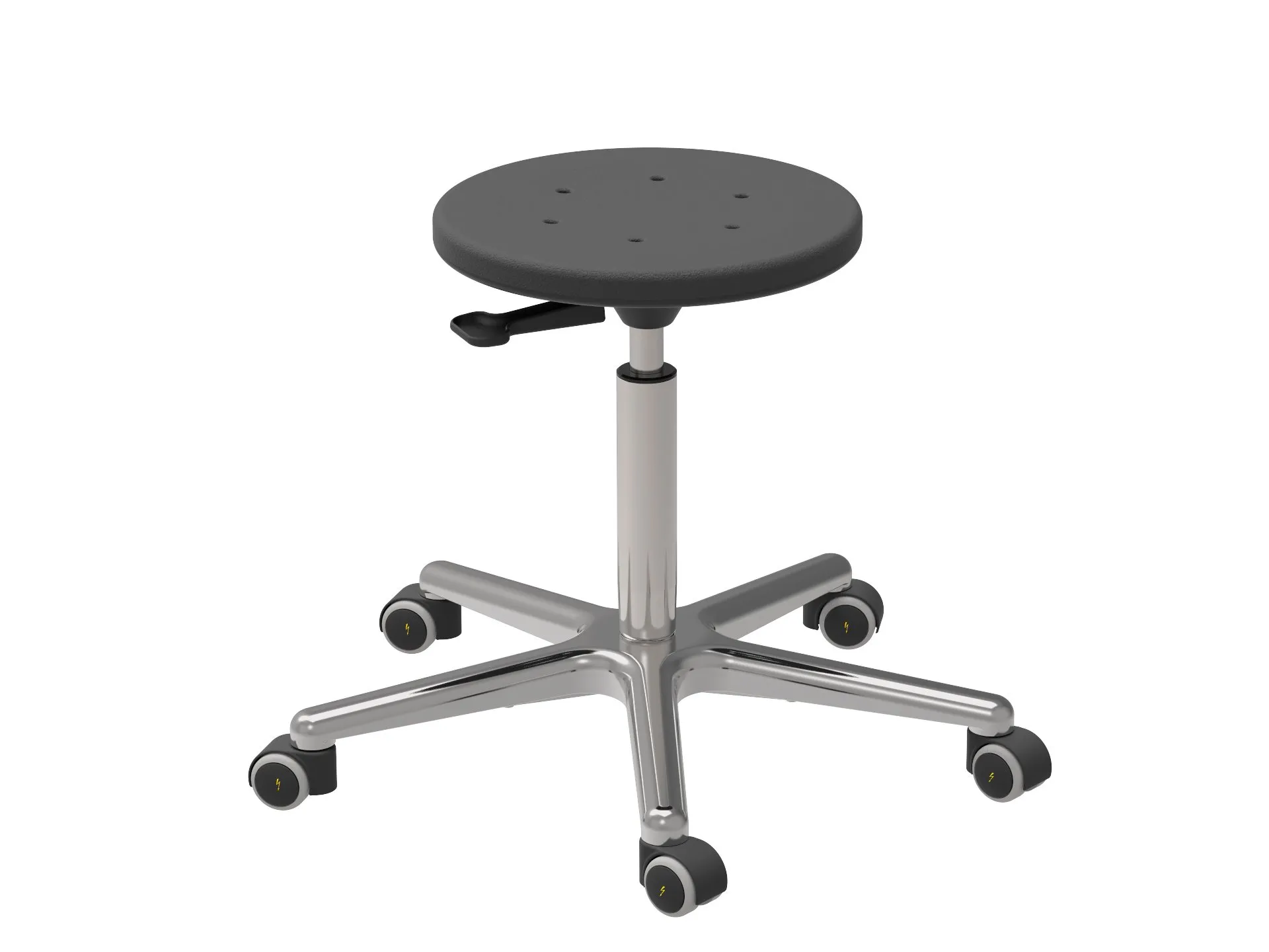 Antistatischer Drehhocker Indianapolis mit ESD-Sitz | Sitzhöhe 44-62cm | Ø 61cm | Tragfähigkeit 110kg | Polyurethane-Sitz | Aluminium-Fußkreuz mit Rollen | Schwarz