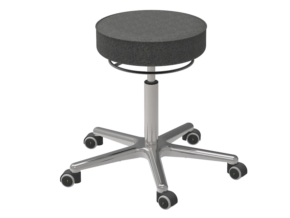 Antistatischer Drehhocker Indianapolis mit ESD-Sitz | Sitzhöhe 52-70cm | Ø 61cm | Tragfähigkeit 110kg | Polstersitze | Aluminium-Fußkreuz mit Rollen | Anthrazit