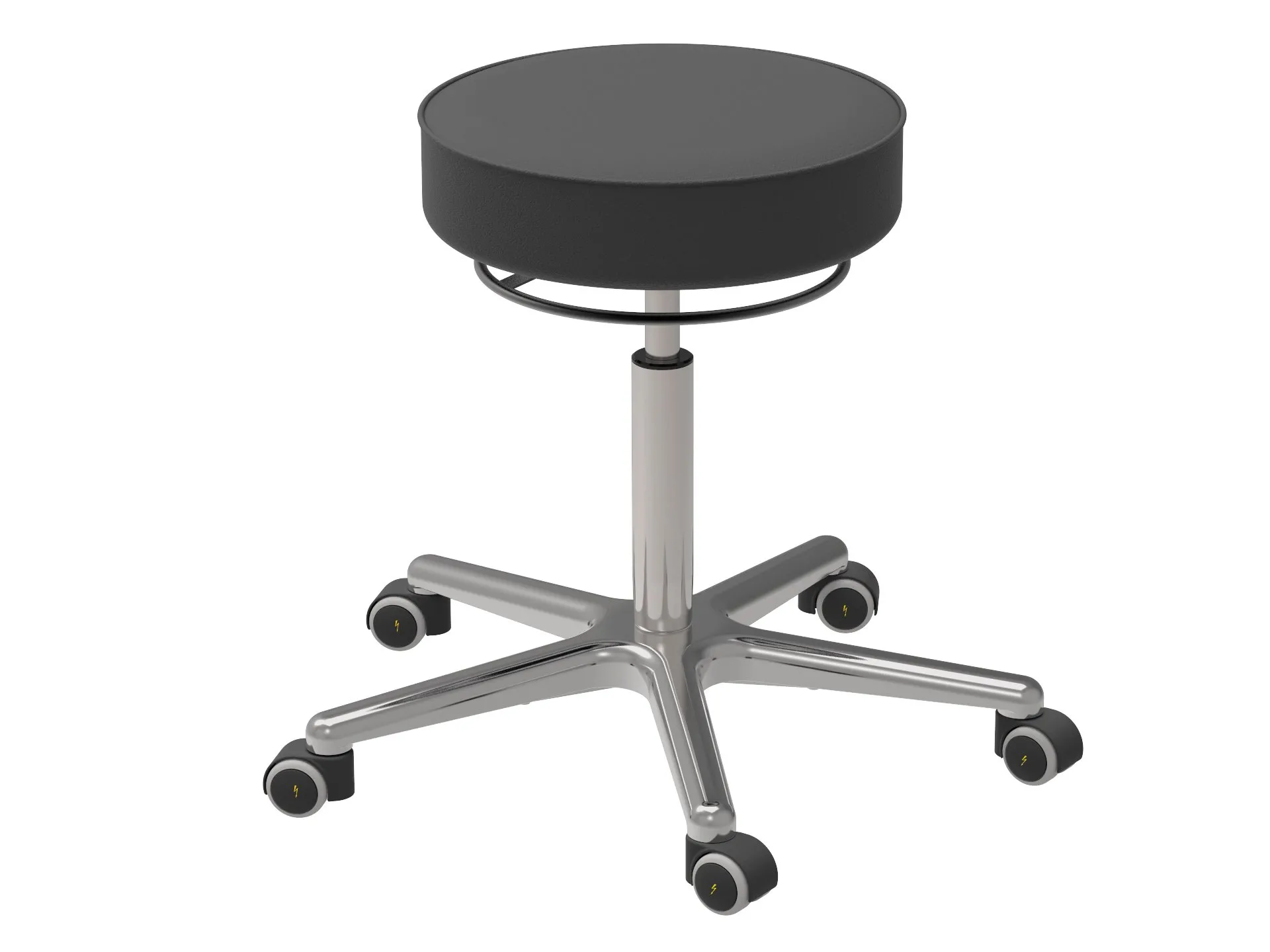 Antistatischer Drehhocker Indianapolis mit ESD-Sitz | Sitzhöhe 52-70cm | Ø 61cm | Tragfähigkeit 110kg | Kunstleder-Sitz | Aluminium-Fußkreuz mit Rollen | Schwarz