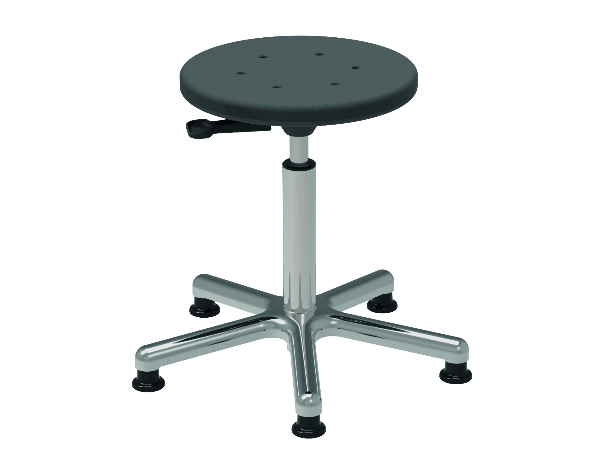 Antistatischer Drehhocker Indianapolis mit ESD-Sitz | Sitzhöhe 44-62cm | Ø 53cm | Tragfähigkeit 110kg | Polyurethane-Sitz | Aluminium-Fußkreuz mit Gleiter | Schwarz