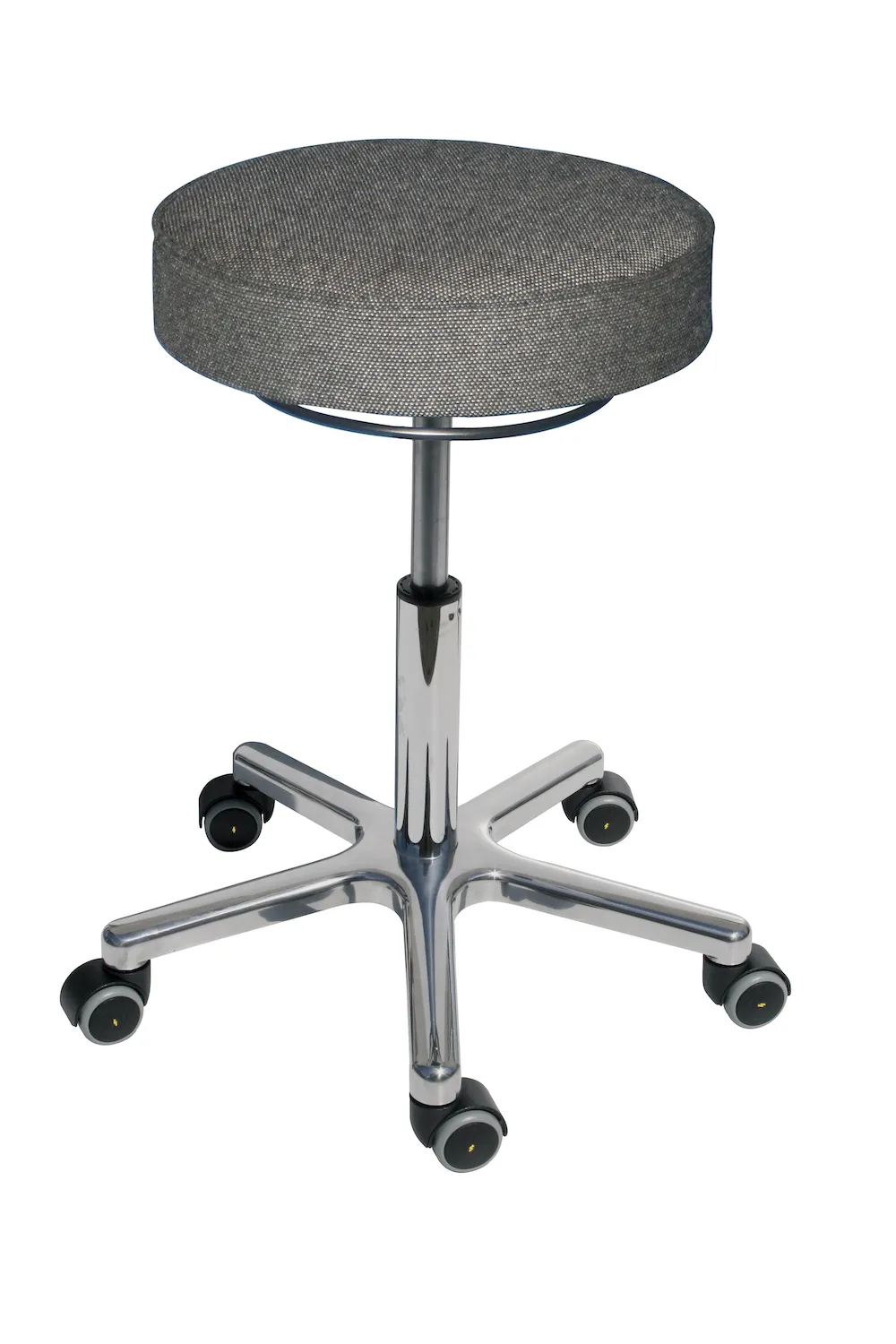 Antistatischer Drehhocker Indianapolis mit ESD-Sitz | Sitzhöhe 52-70cm | Ø 53cm | Tragfähigkeit 110kg | Polstersitze | Aluminium-Fußkreuz mit Rollen | Anthrazit
