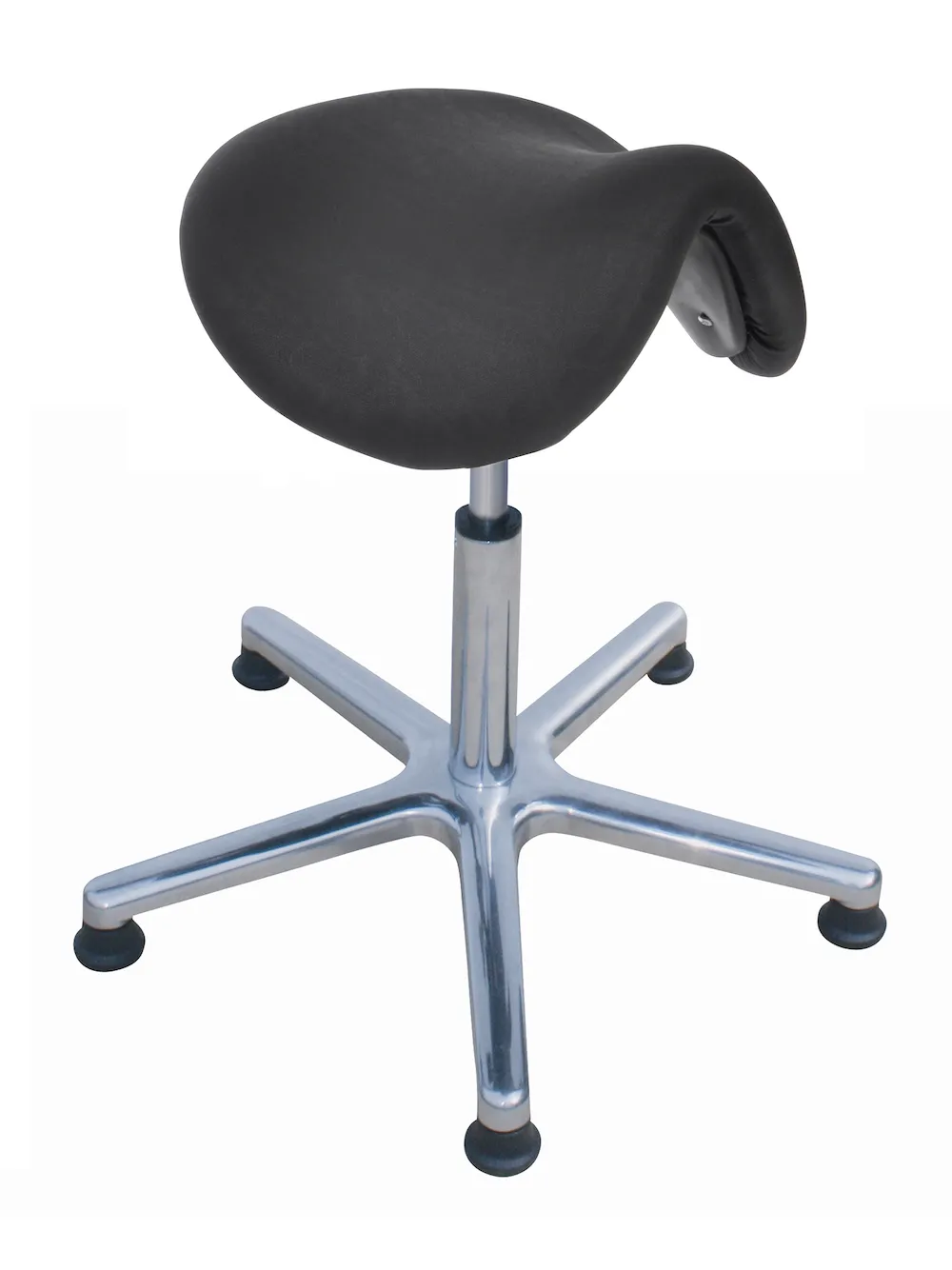 Antistatischer Sattelhocker Lexington mit ESD-Sitz & Sitzneige | Sitzhöhe 51-70cm | Ø 61cm | Tragfähigkeit 110kg | Kunstleder-Sitz | Aluminium-Fußkreuz mit Gleiter | Schwarz