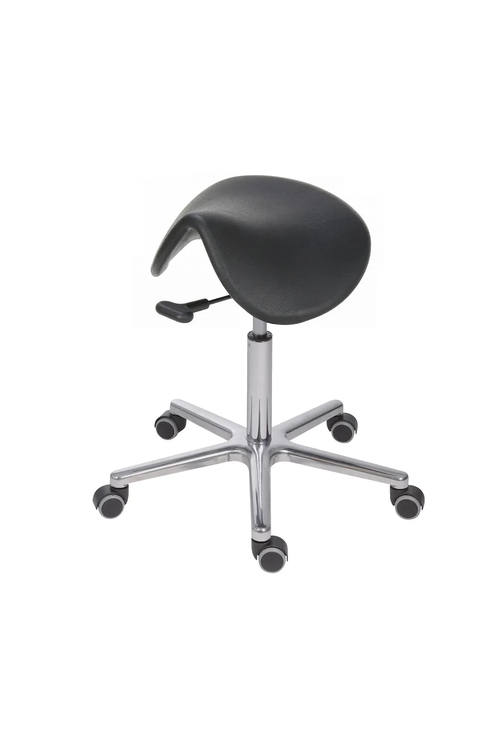 Sattelhocker Lexington mit multibeweglicher Sitzmechanik | Sitzhöhe 50-65cm | Ø 61cm | Tragfähigkeit 110kg | Polyurethane-Sitz | Aluminium-Fußkreuz mit Rollen | Schwarz