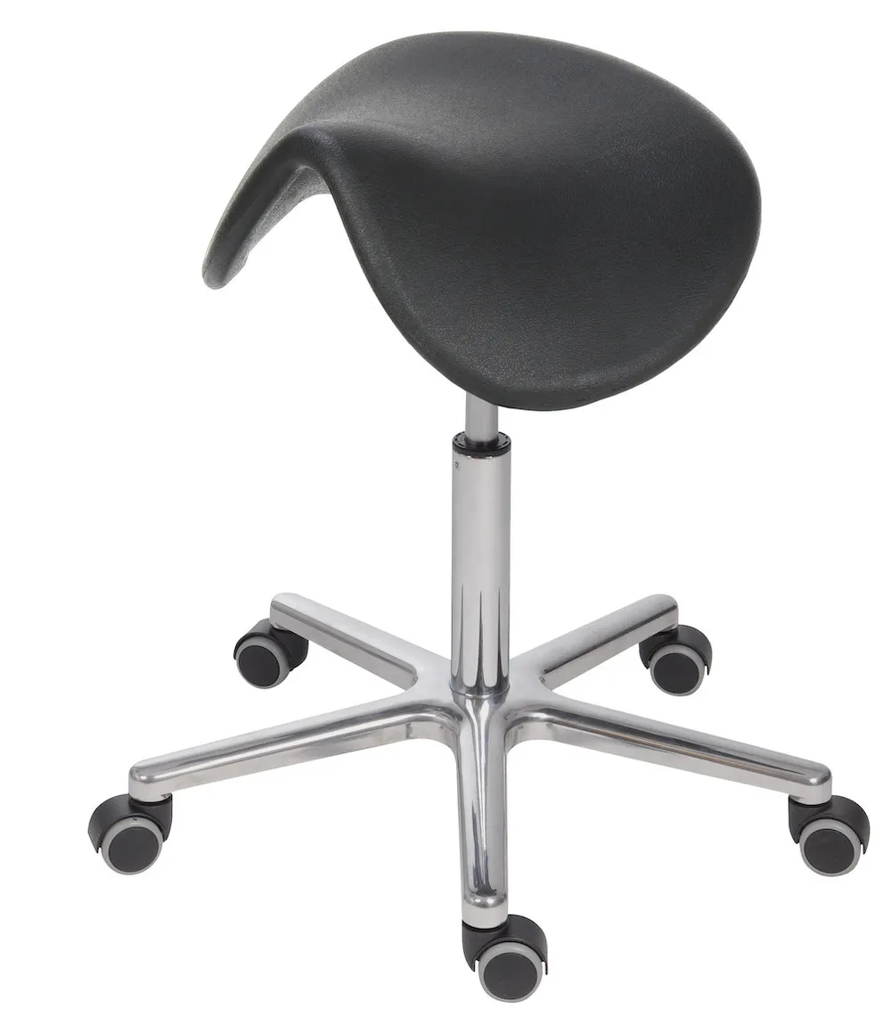 Sattelhocker Lexington mit Sitzneige | Sitzhöhe 53-72cm | Ø 61cm | Tragfähigkeit 110kg | Polyurethane-Sitz | Aluminium-Fußkreuz mit Rollen | Schwarz