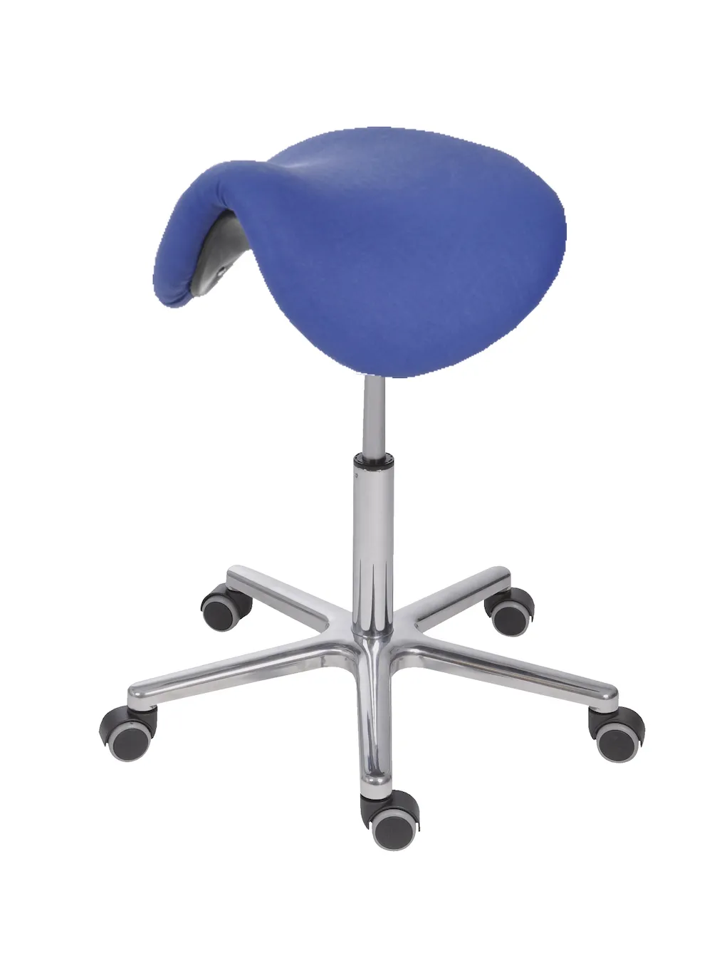 Sattelhocker Lexington mit multibeweglicher Sitzmechanik | Sitzhöhe 50-65cm | Ø 61cm | Tragfähigkeit 110kg | Kunstleder-Sitz | Aluminium-Fußkreuz mit Rollen | Blau