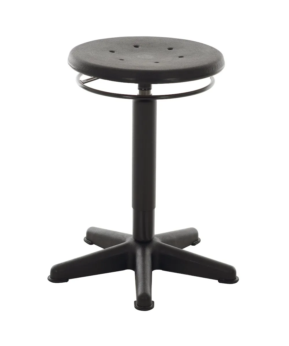 Drehhocker Atlanta | Sitzhöhe 44-63cm | Ø 44cm | Tragfähigkeit 110kg | Polyurethane-Sitz | Platzsparendes Kunststof-Fußkreuz mit Gleiter | Ringauslösung | Schwarz