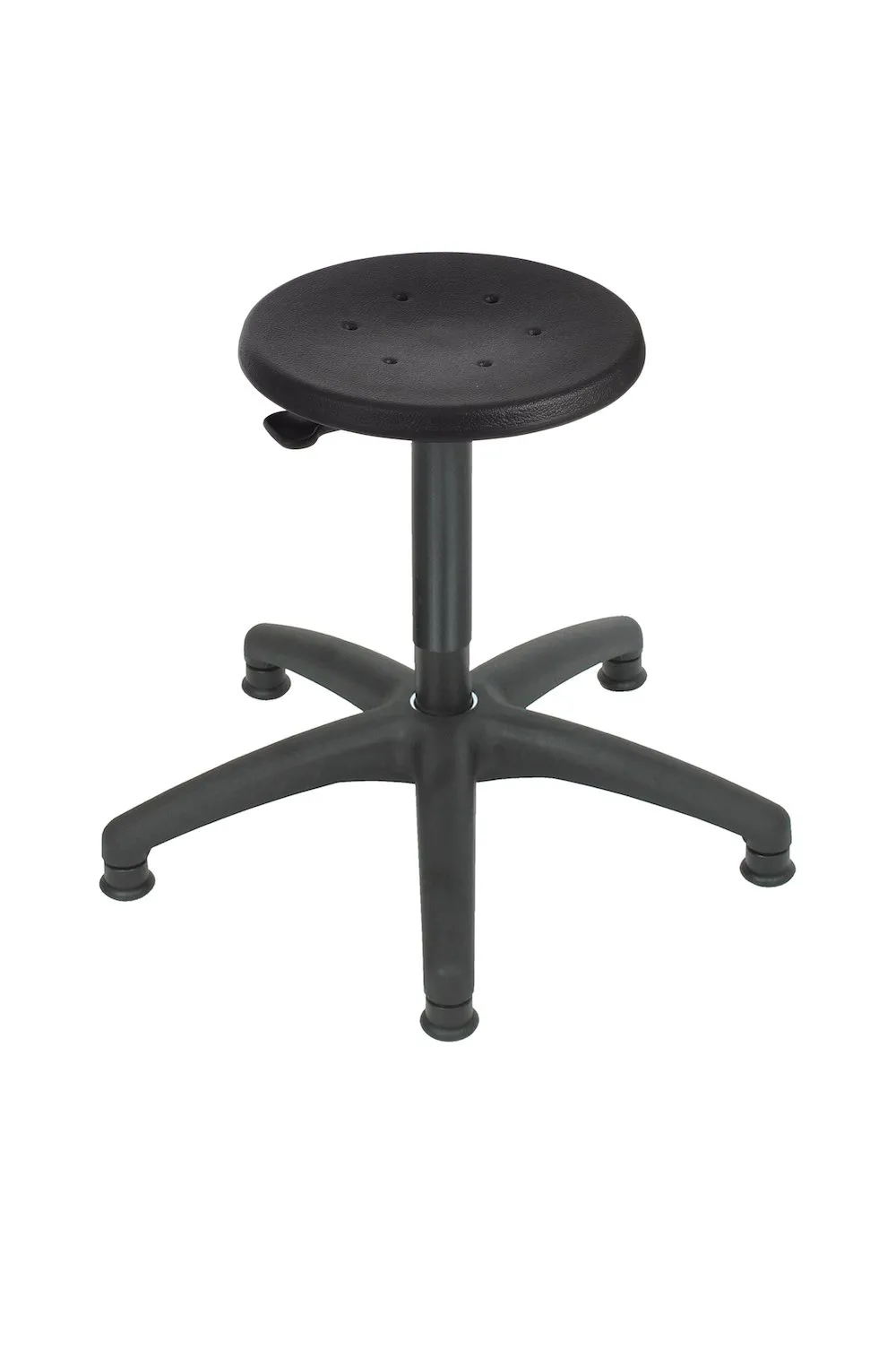 Drehhocker Atlanta | Sitzhöhe 40-59cm | Ø 63cm | Tragfähigkeit 110kg | Polyurethane-Sitz | Kunststof-Fußkreuz mit Gleiter | Hebelauslösung | Schwarz